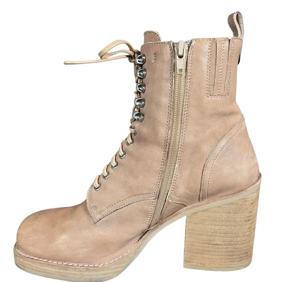 Jeffrey Campbell Dotti Boots Women 10 Beige Heeled Leather Lace Up Combat Anthro - Picture 4 of 11